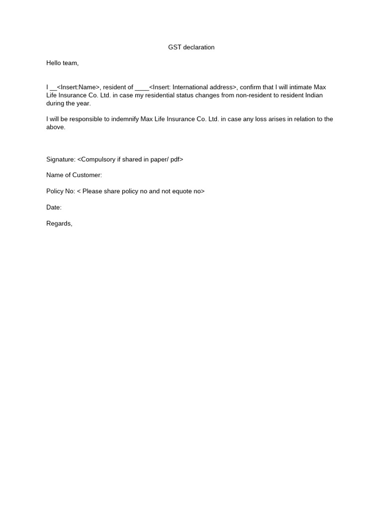 GST Declaration for Max Life Insurance | PDF