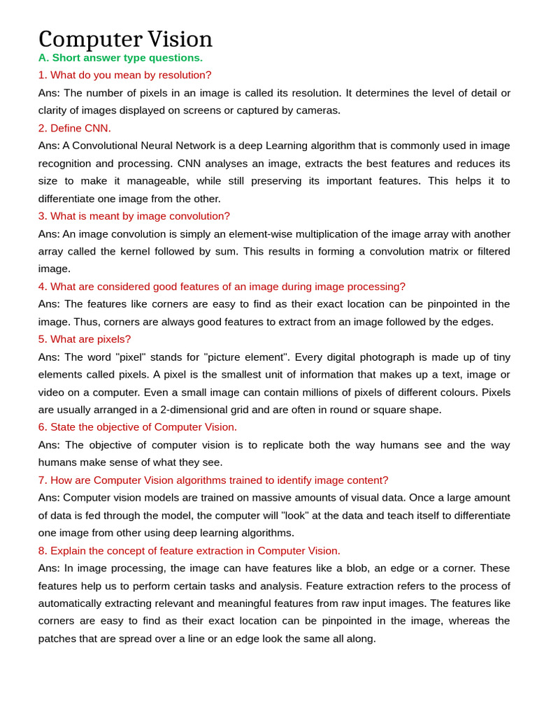 Std 10 Unit 5 - Computer Vision | PDF | Computer Vision | Pixel