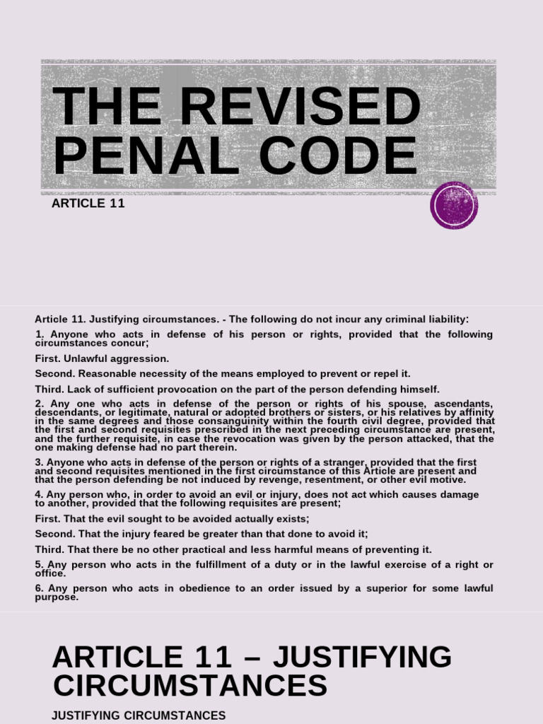 Justifying Circumstances in Penal Code | PDF | Assault | Self Defense