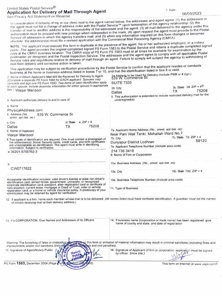 Form 1583 Waqar Manzoor | PDF | Mail | United States Postal Service