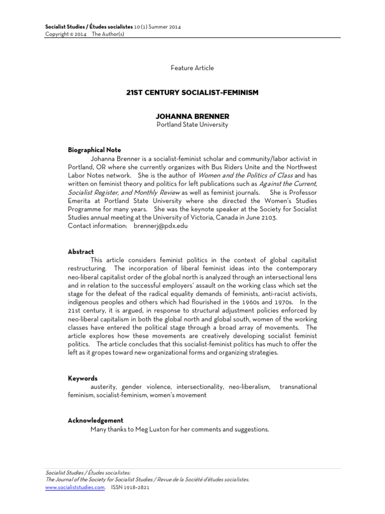 21st Century Socialist-Feminism Brenner | PDF | Feminism | Gender Studies