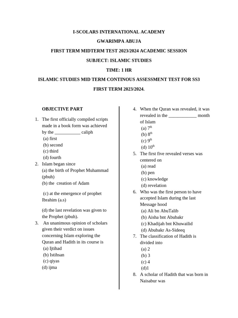 Islamic Studies Mid Term Continous Assessment Test For SS3-1 | PDF ...