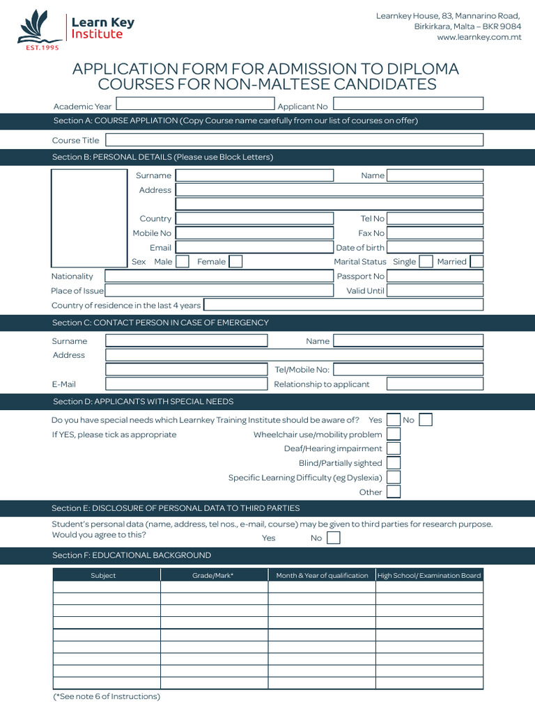 Diploma Application for Non-Maltese Students | PDF | University And ...