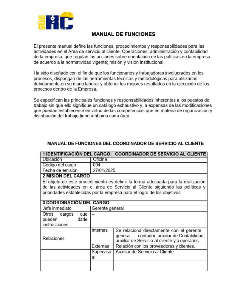 MANUAL DE FUNCIONES SERVICIO AL CLIENTE | PDF | Servicio al Cliente ...
