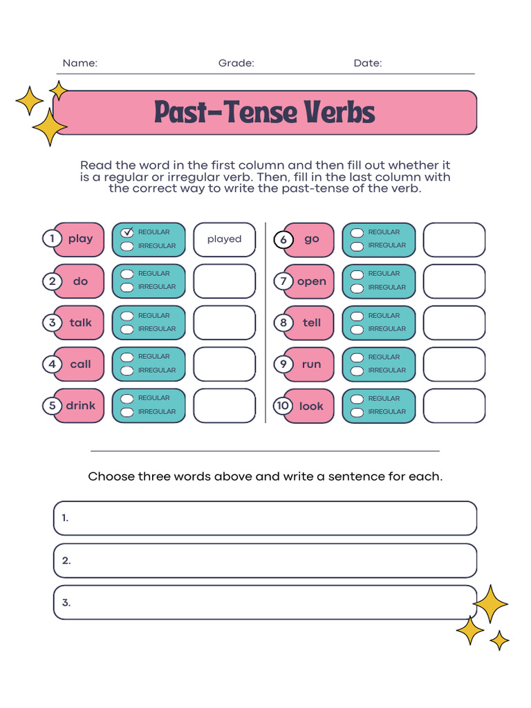 Past Tense Verbs Grammar Digital Worksheet in Blue and Pink Cute Style ...