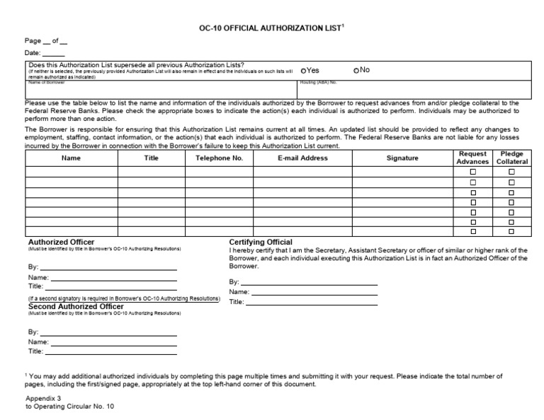 OC-10 Authorization List Template | PDF