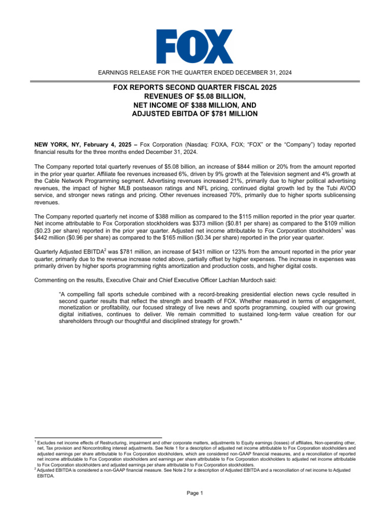 Fox Q2 FY2025 Financial Results Report | PDF | Equity (Finance) | Net ...