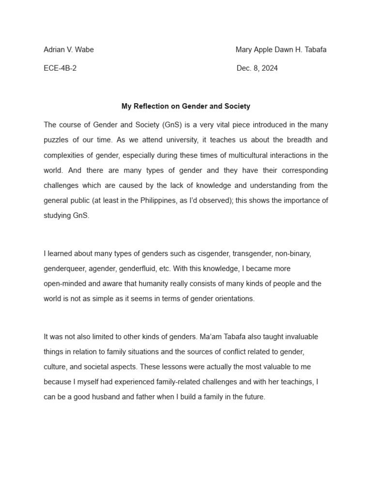 Reflection on Gender and Society Insights | PDF