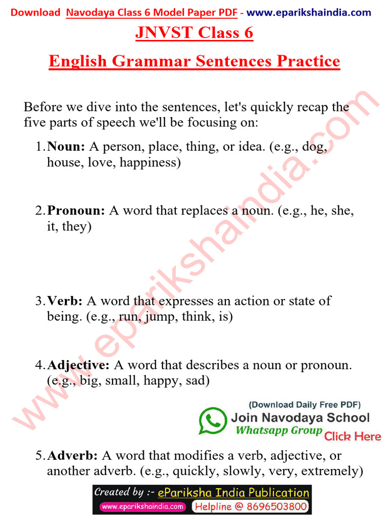 JNVST Class 6 English Grammar Sentences | PDF | Adverb | Adjective