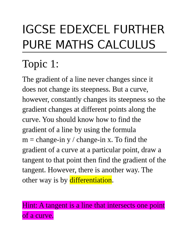 IGCSE EDEXCEL FURTHER PURE MATHS CALCULUS | PDF | Derivative | Gradient