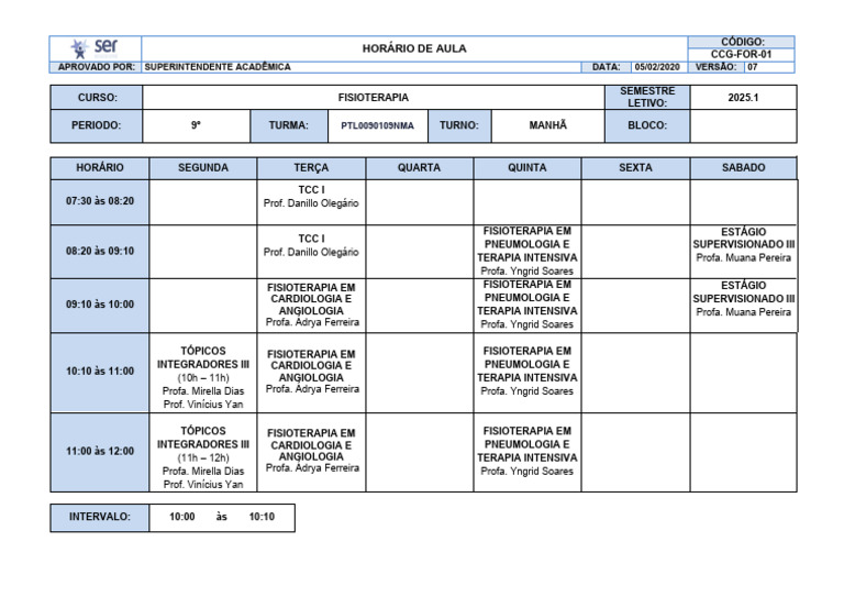 Ccg-For-01 - Horário de Aula - Fisio 9ma | PDF