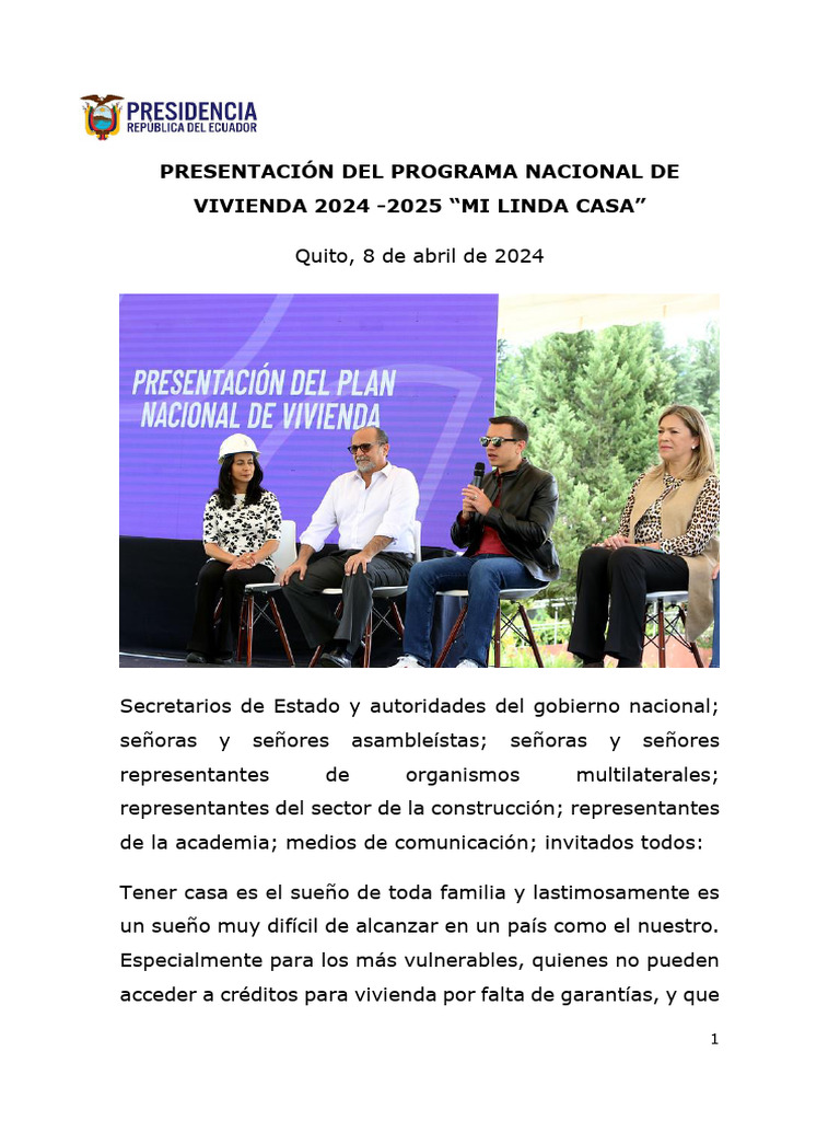 2024.04.08 Plan Nacional de Vivienda | PDF | Ecuador | Barrio residencial