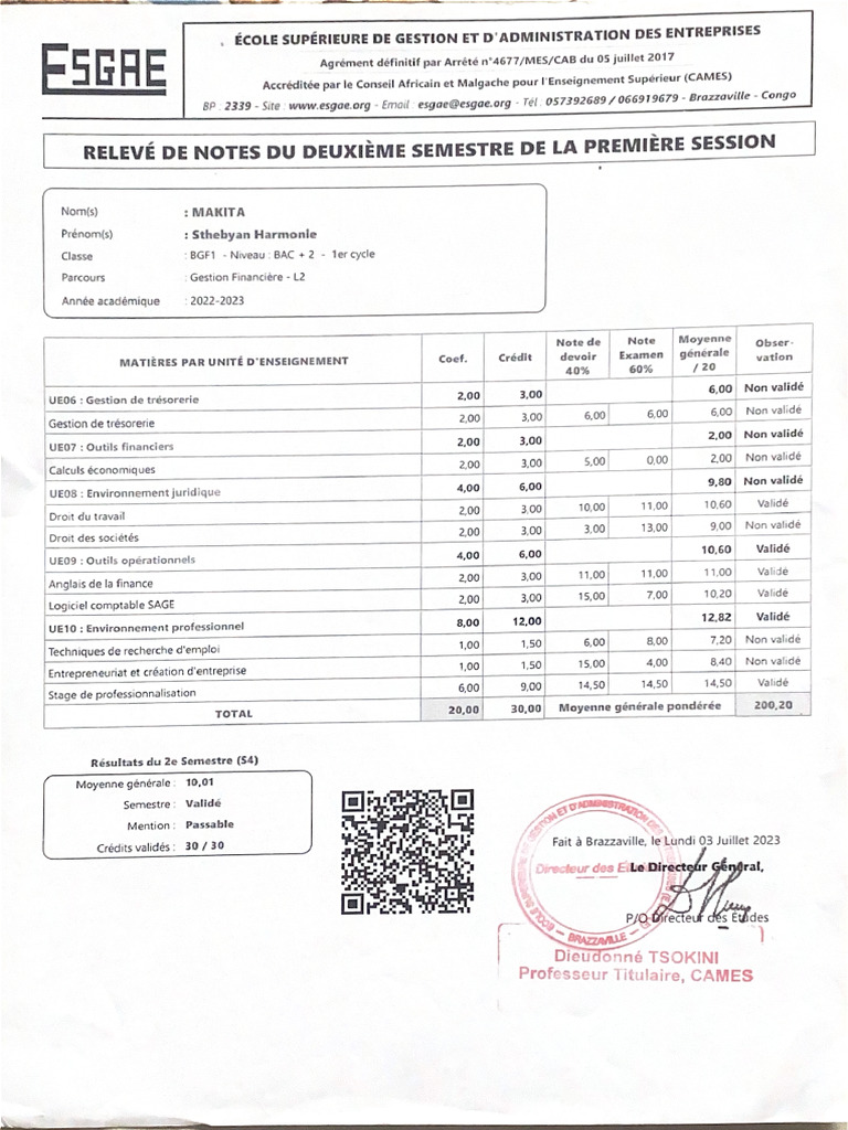 Relevé de Notes Du Deuxième Semestre de La Première Session | PDF
