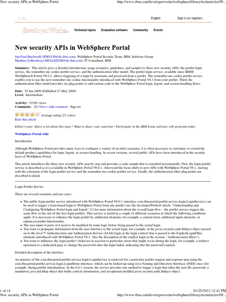 New Security APIs in WebSphere Portal | PDF | Http Cookie | Login