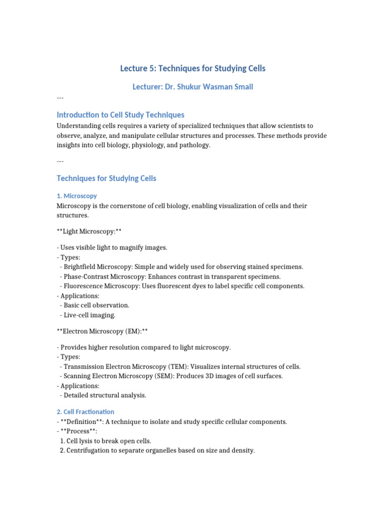 Cell Study Techniques Overview | PDF | Microscopy | Electron Microscope