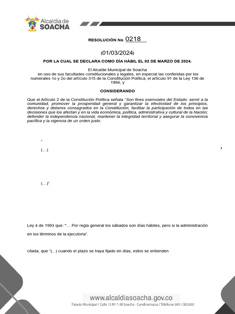 Día hábil en Soacha: 02 de marzo 2024 | PDF | Alcalde | Justicia
