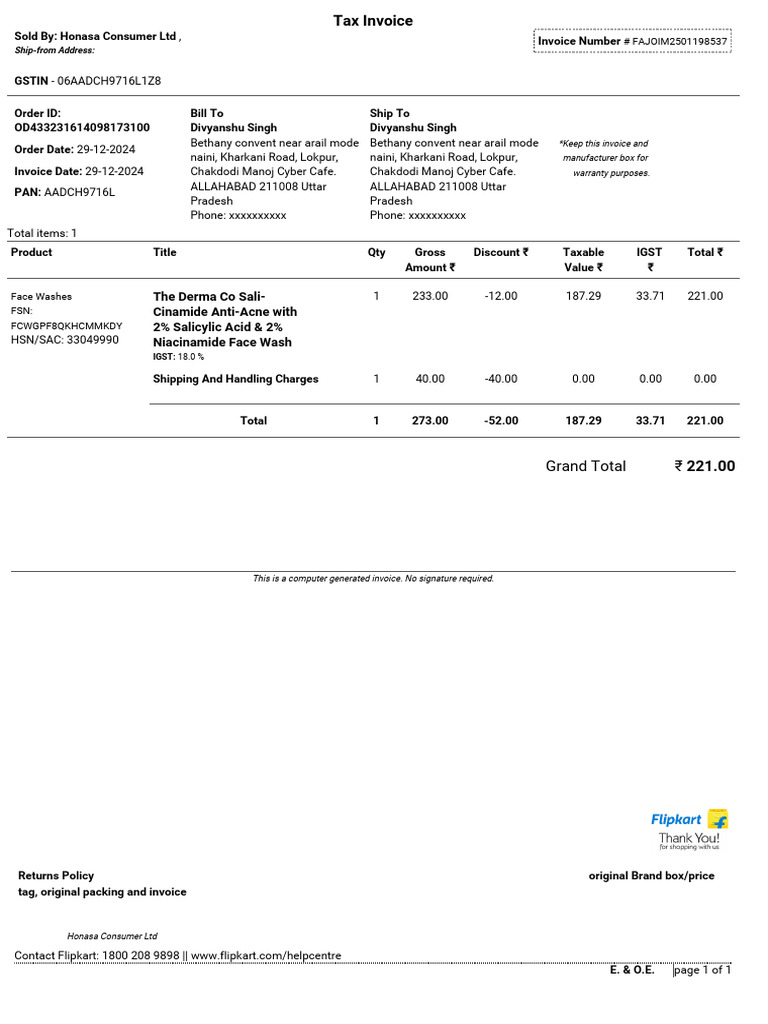 Invoice for The Derma Co Face Wash | PDF | Government Finances | Taxes