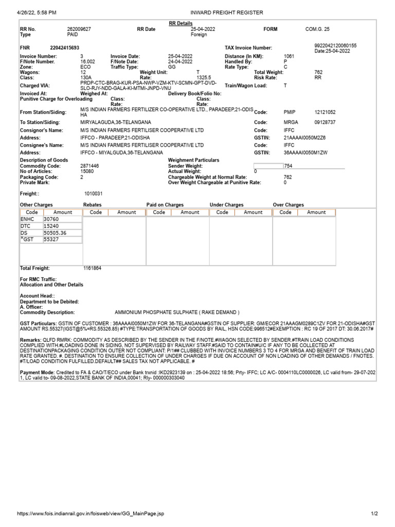 Freight Register: IFFCO Shipment Details | PDF | Transport