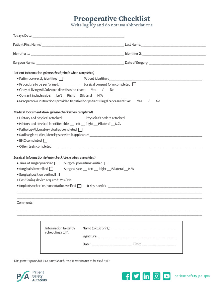 Preopchecklist | PDF | Surgery | Patient