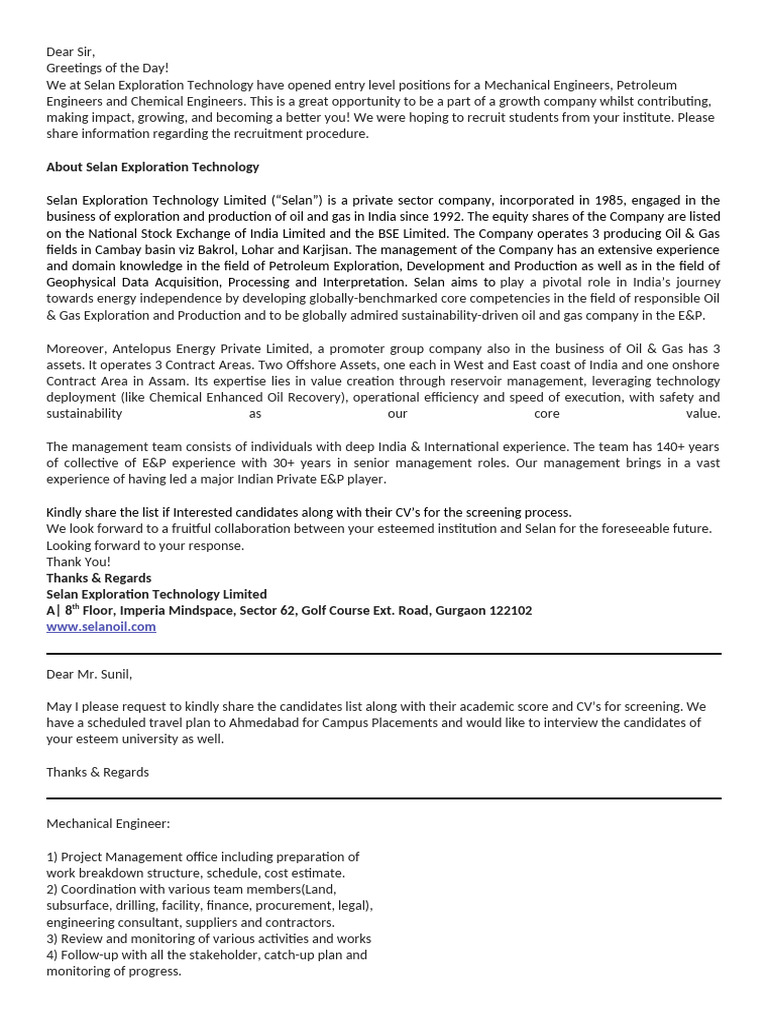 Selan Exploration: Entry-Level Engineer Roles | PDF | Hydrocarbon ...