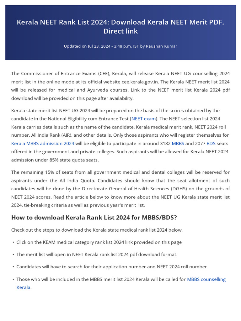 Kerala NEET Rank List 2024 Released | PDF | Qualifications | Medical ...