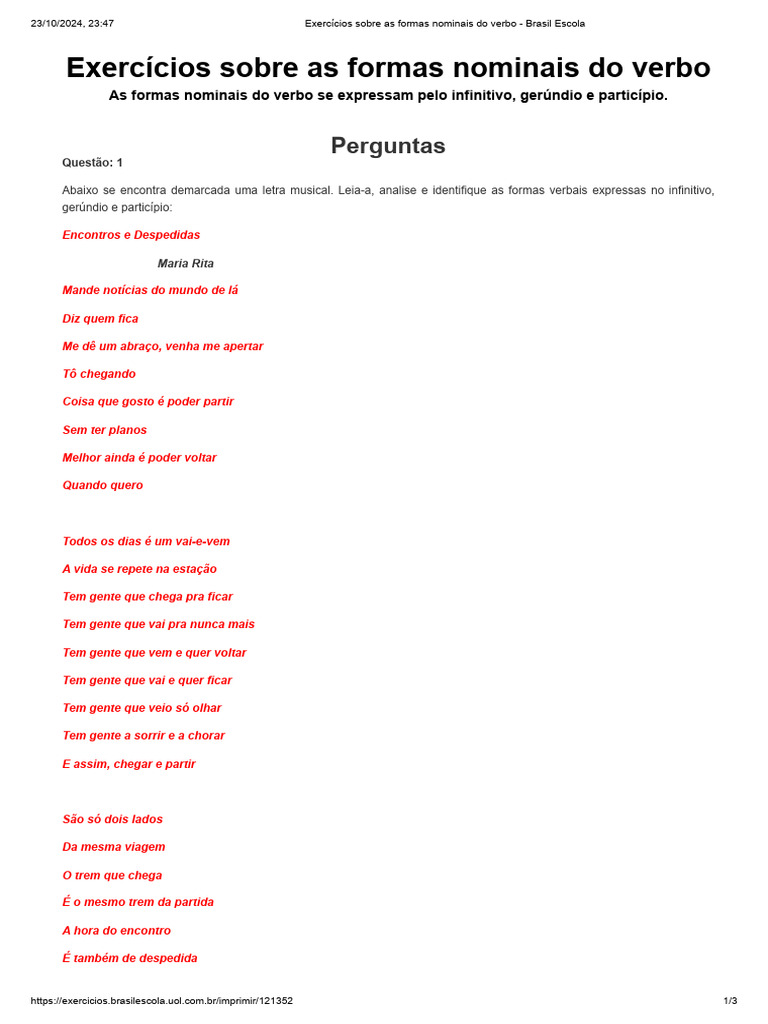Exercícios sobre Formas Nominais do Verbo | PDF