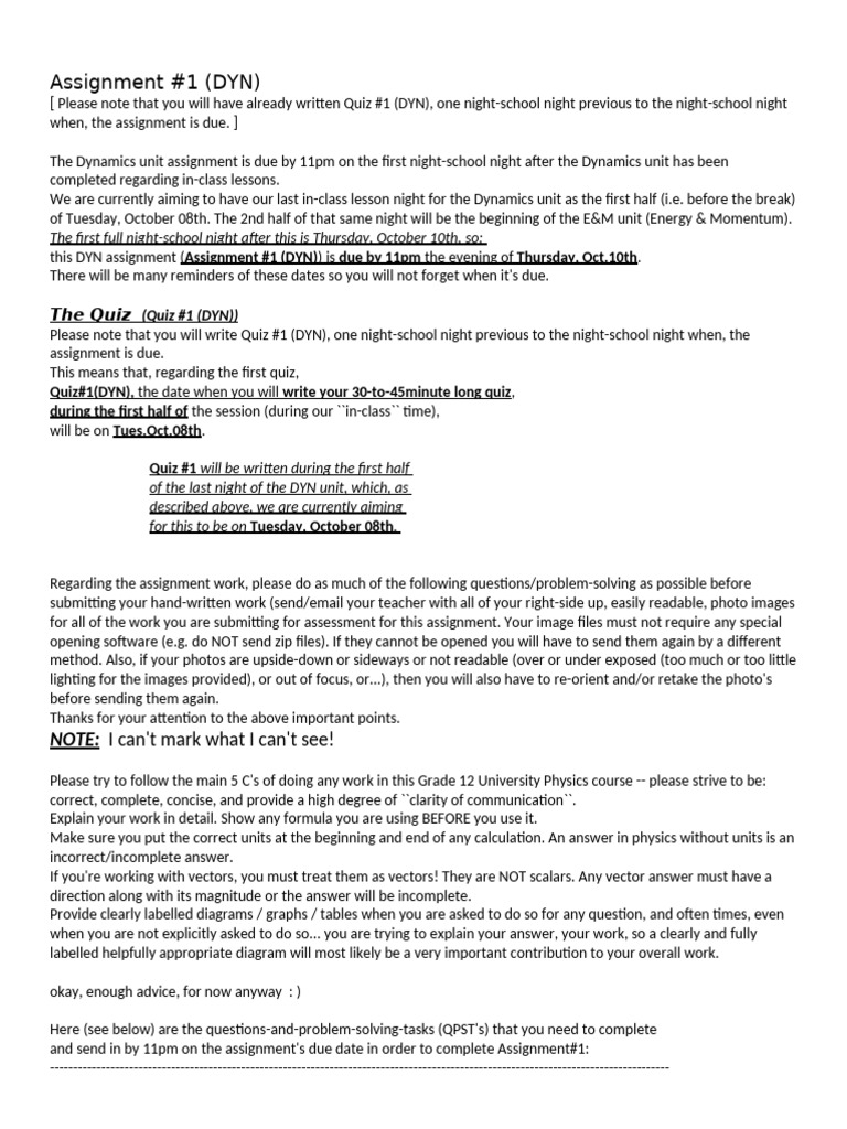 Dynamics Assignment #1 Details | PDF | Force | Orbit