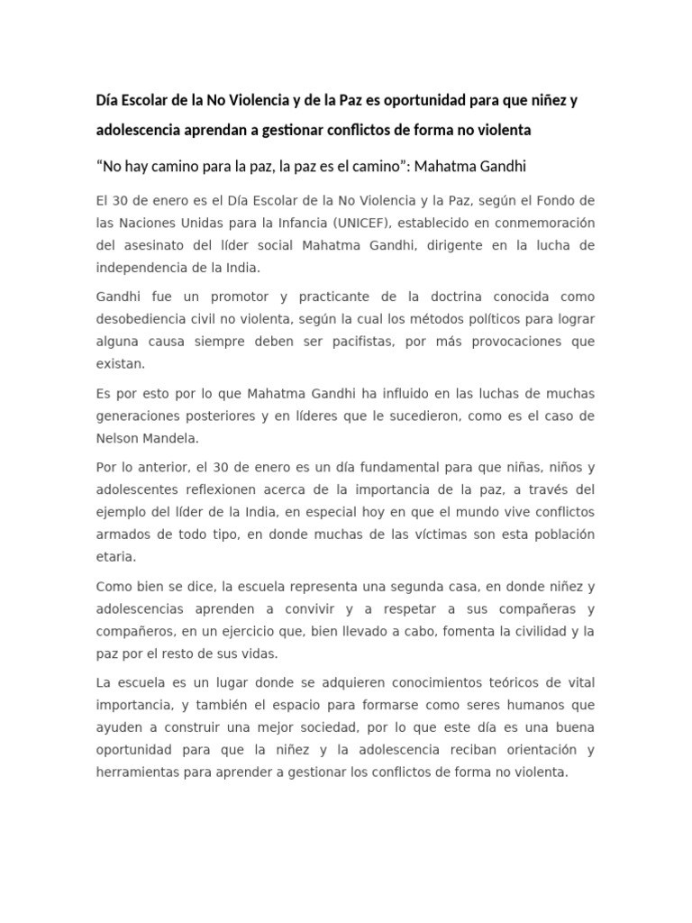 Día Escolar de la Paz y No Violencia | PDF