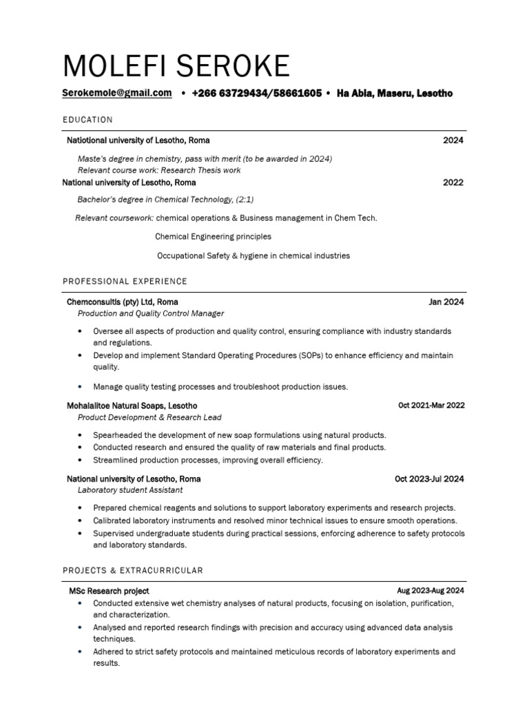 Chemistry Graduate with Management Experience | PDF