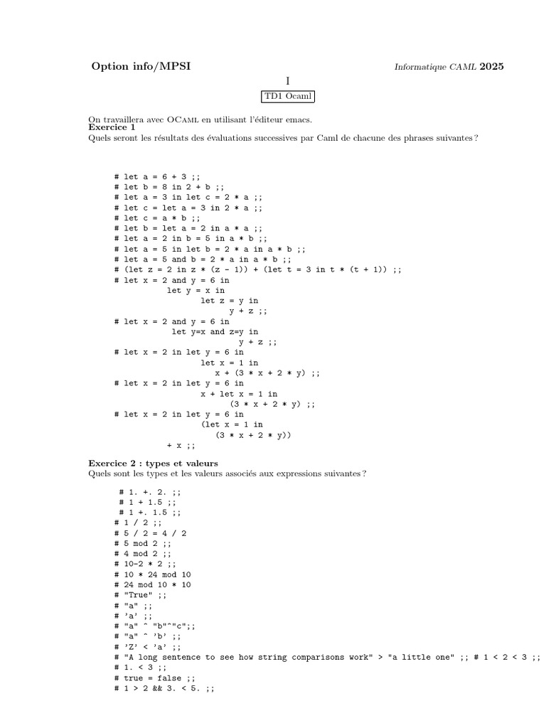 Exercices OCaml pour MPSI 2025 | PDF | Programmation informatique ...