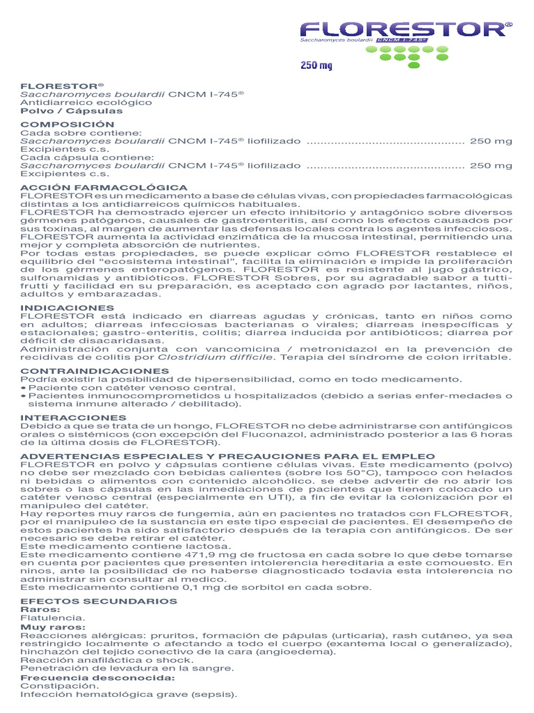 Posologia FLORESTOR® - POLVO | PDF | Diarrea | Medicamentos con receta