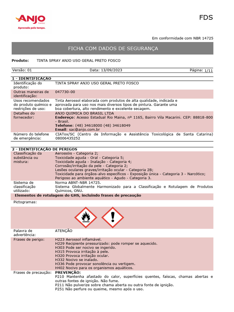 Ficha de Segurança Tinta Spray Anjo | PDF | Cloro | Química