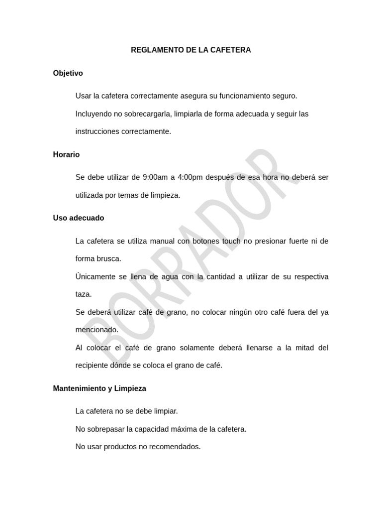 Reglamento De Uso De La Cafetera Pdf