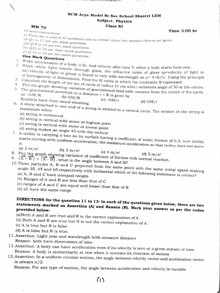 Class XI Physics Exam Question Paper | PDF | Force | Acceleration