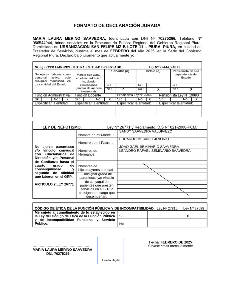 Declaración Jurada de Servicios Públicos | PDF | Parentesco ...