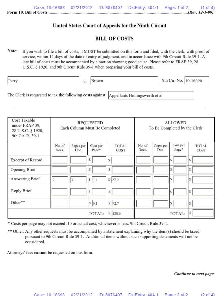 United States Court of Appeals For The Ninth Circuit Bill of Costs