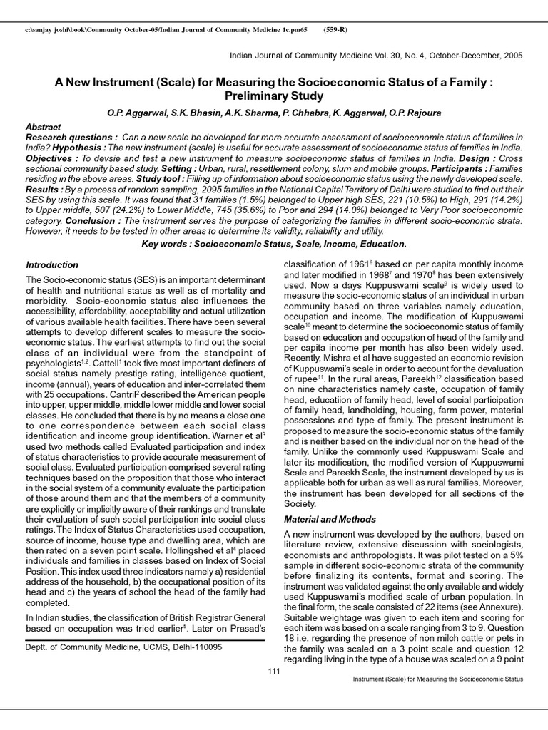 New Scale for Measuring Family SES in India | PDF | Socioeconomic Status