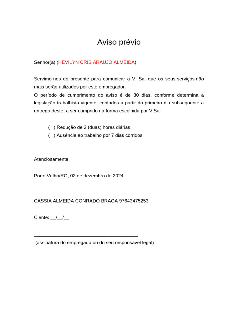 Modelo Aviso Previo Empregador Pdf