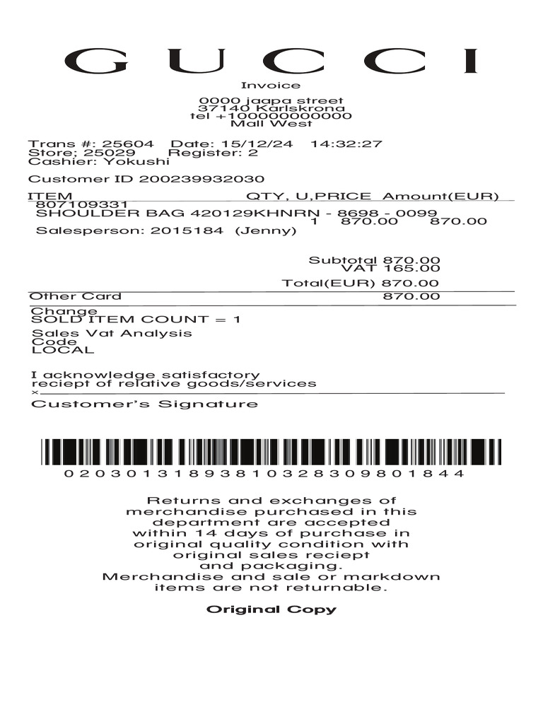 Gucci Invoice Receipt Example | PDF