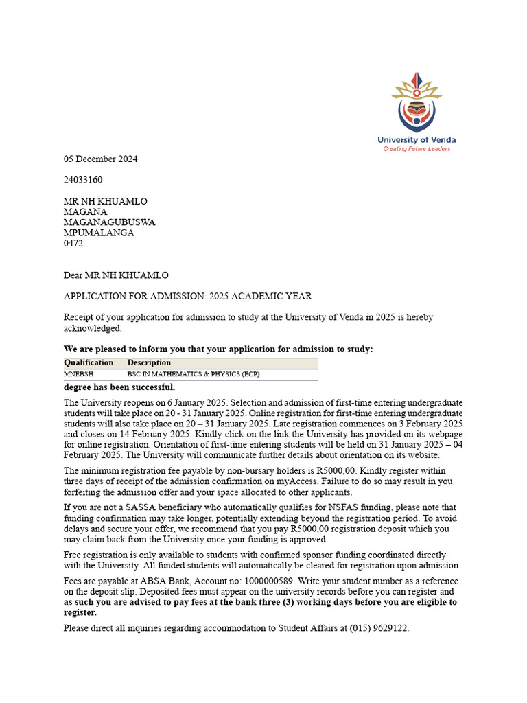 We Are Pleased To Inform You That Your Application For Admission To ...