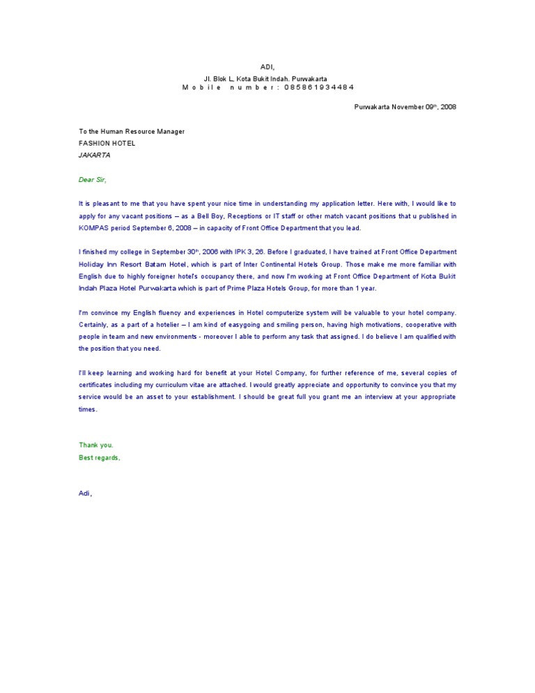 Download 71+ Contoh Surat Lamaran Kerja Hotel Bahasa Inggris Gratis