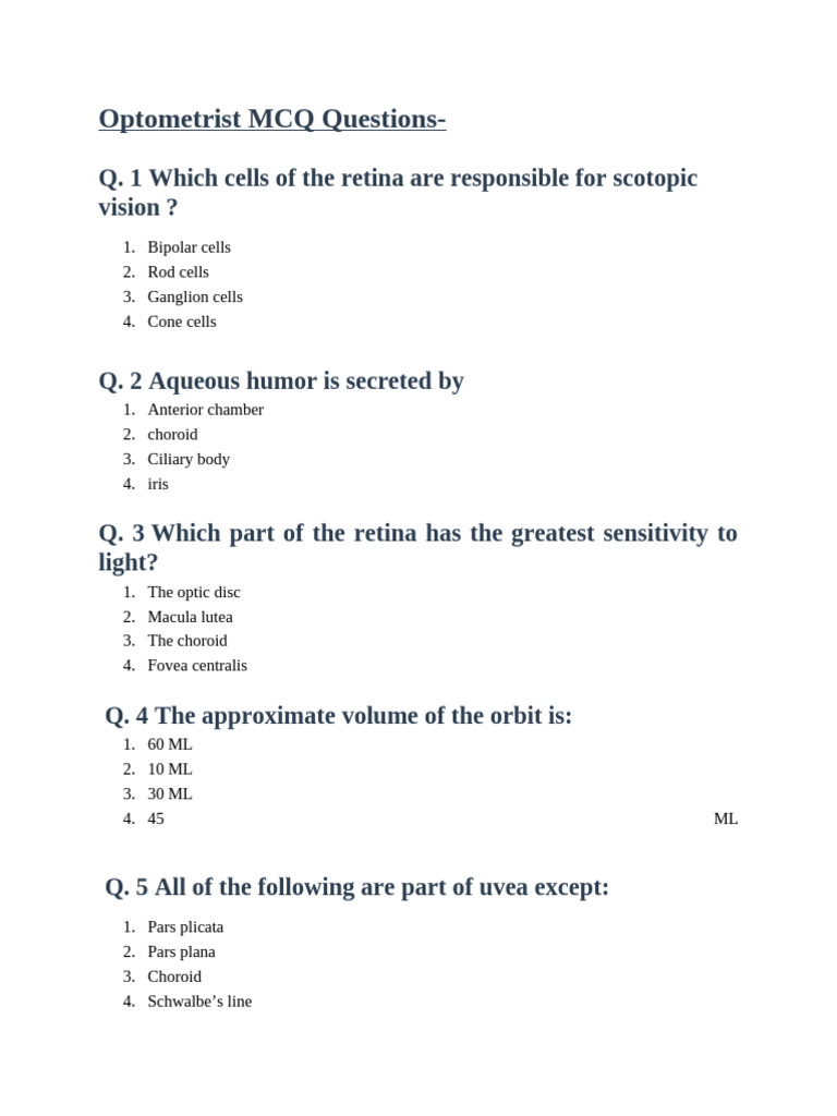 Optometrist MCQ Questions and Answers | PDF | Cornea | Retina