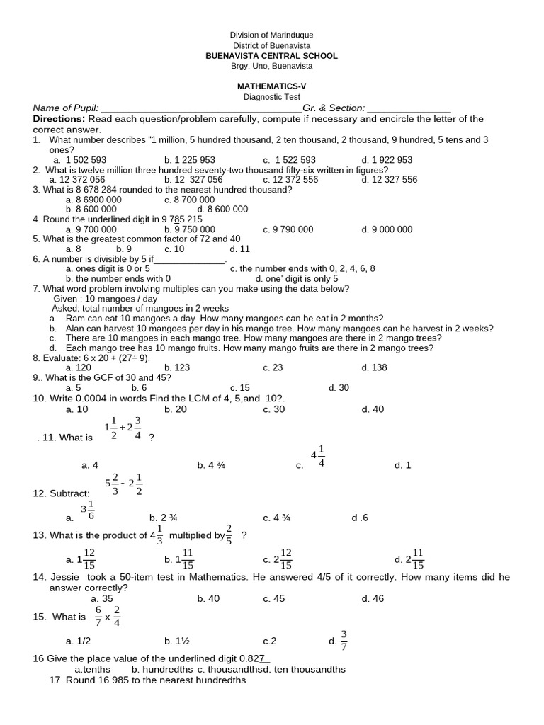 Mathematics Diagnostic Test for Grade V | PDF | Volume | Celsius