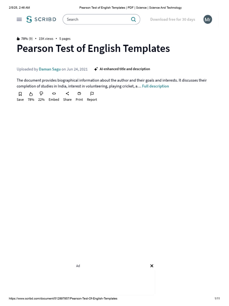 Pearson Test of English Templates - PDF - Science - Science and ...
