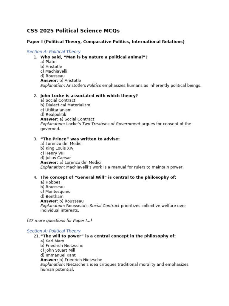 CSS 2025 Political Science MCQs Guide | PDF | Political Philosophy ...