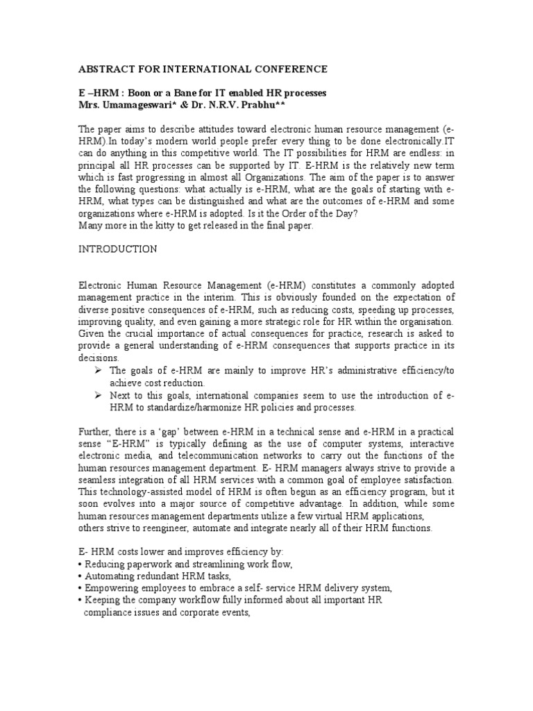 Abstract For International Conference E - HRM: Boon or A Bane For IT ...