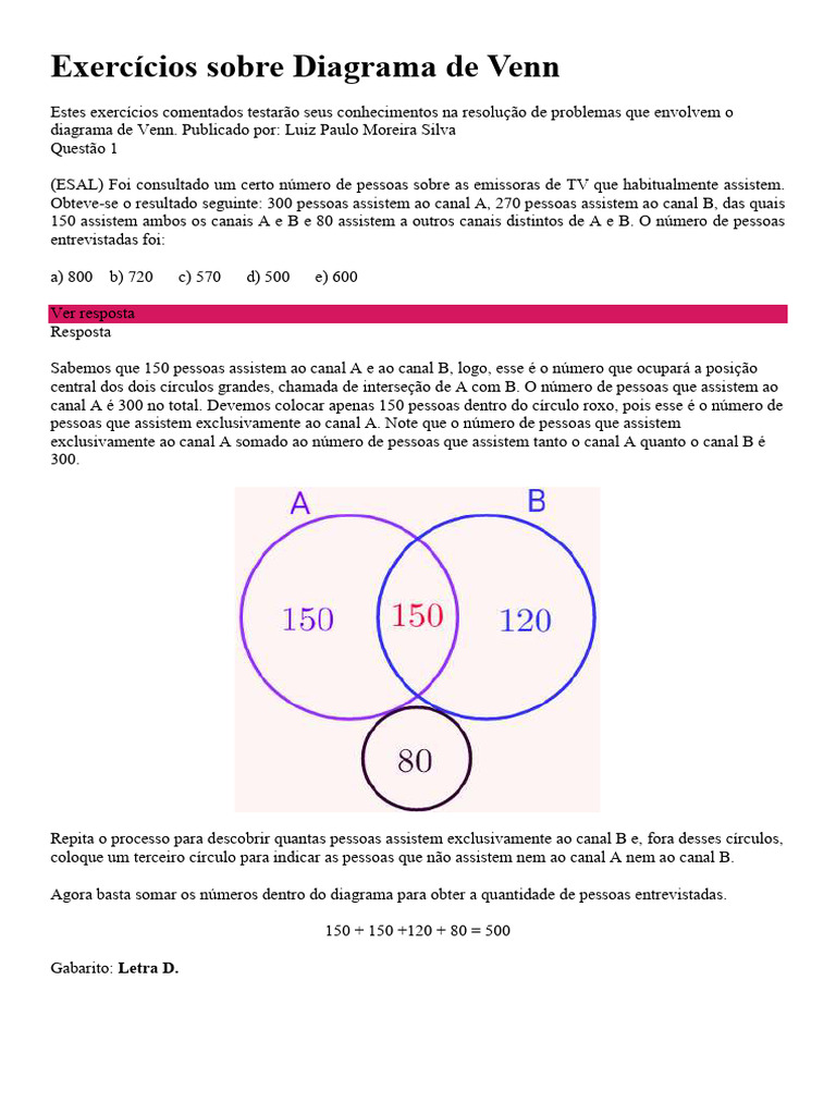 Exercícios Resolvidos de Diagrama de Venn | PDF
