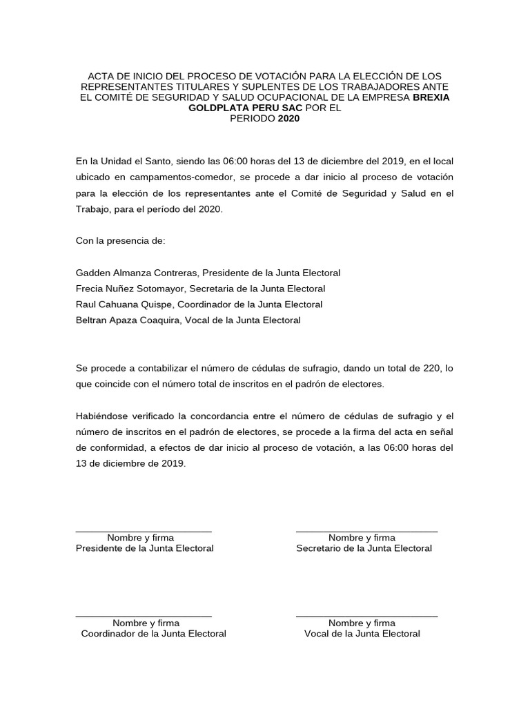 Acta de Inicio de Votación 2020 | PDF