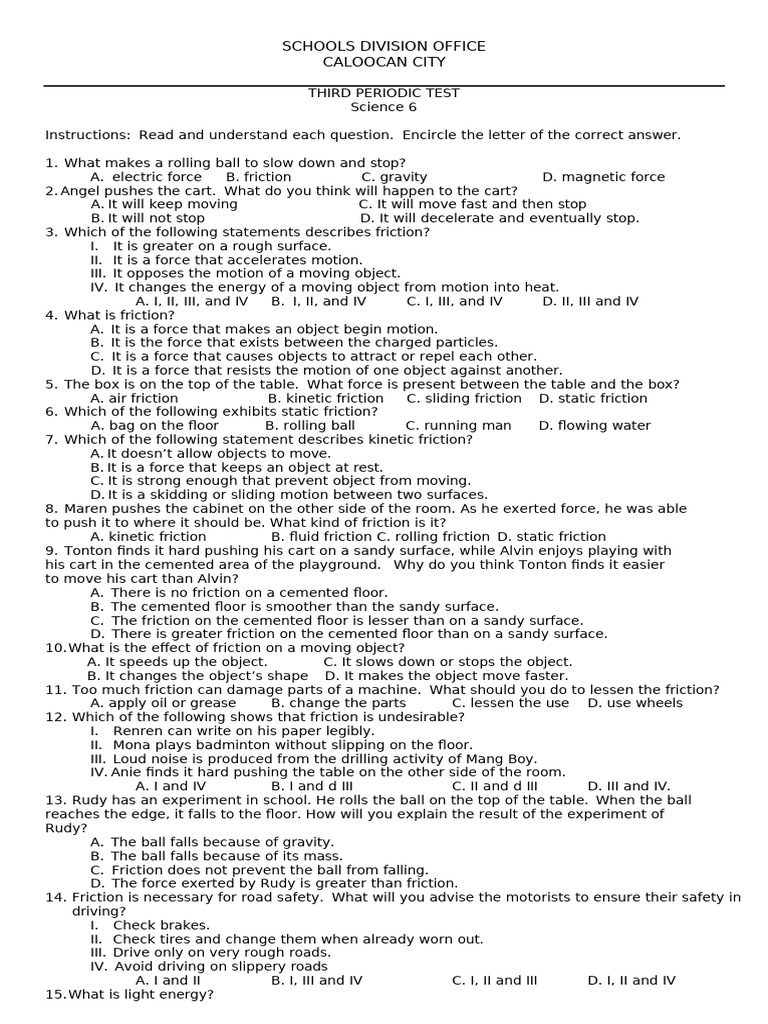 Science 6 Third Periodic Test Questions | PDF | Friction | Force