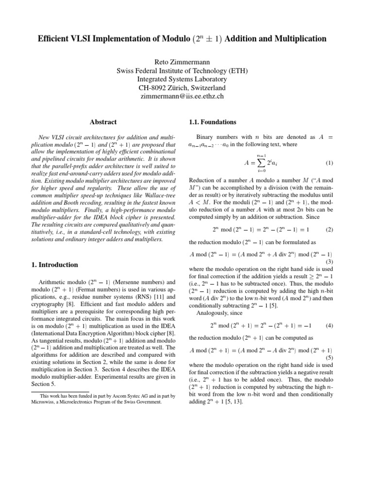 Efficient VLSI Implementation of Modulo Addition and Multiplication ...